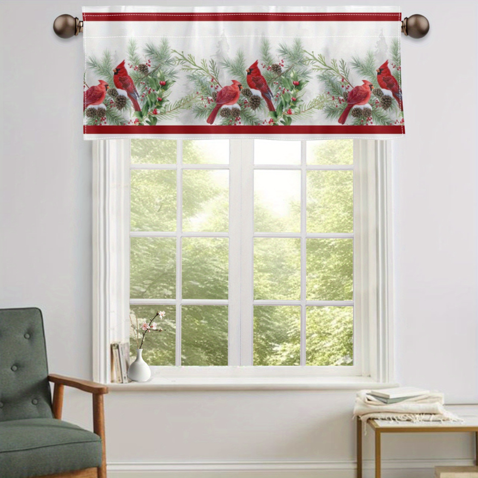 

& Holly Pinecones Christmas Curtain - Rod For Easy Hanging, Living Room, Bedroom, Kitchen Decor - Polyester, Hand Wash Only, Holly, Pinecones, Christmas Decor, Curtains