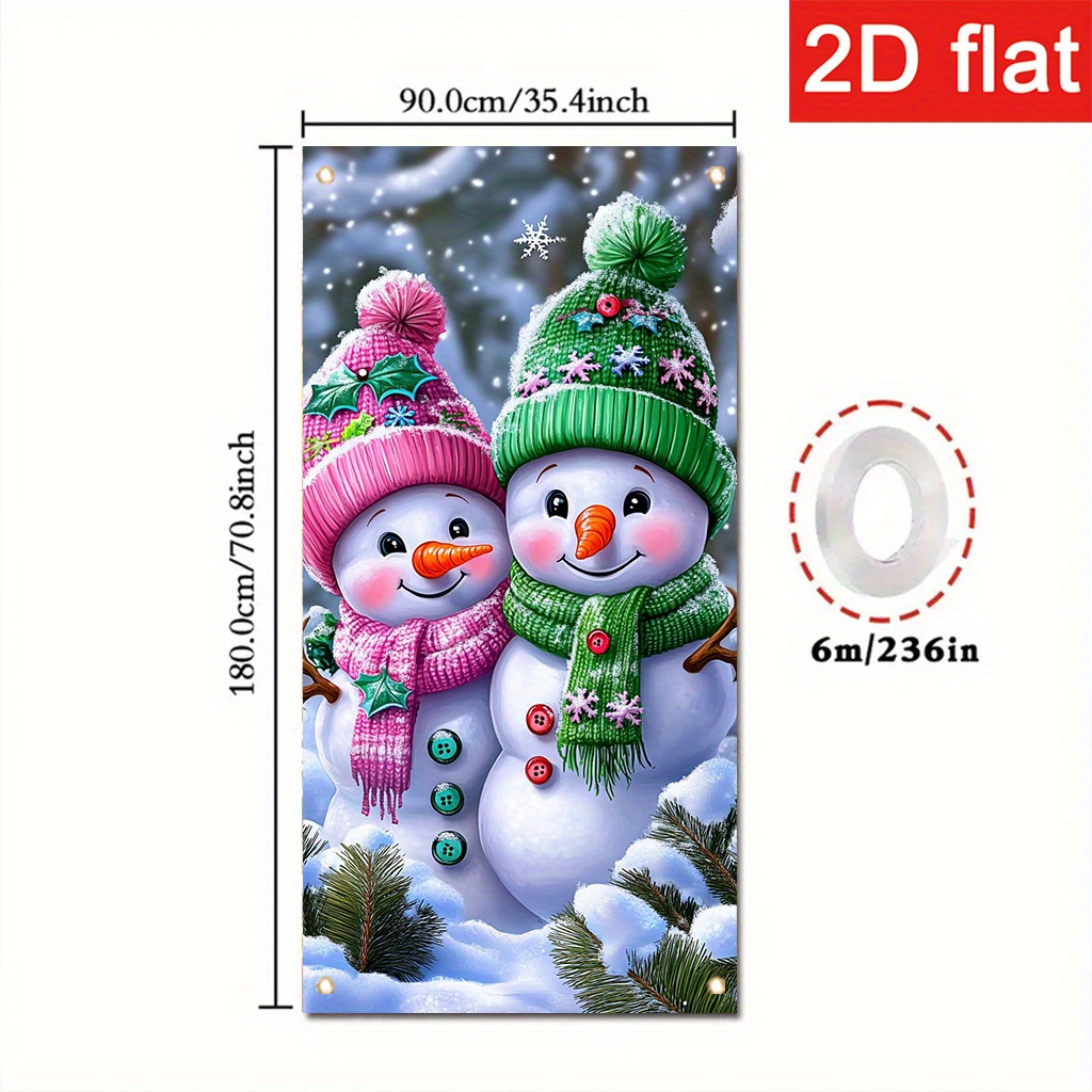 TEMU 2d Flat, 2d Door Banner, 2d Door Curtain Banner, 1pc Large Christmas Door Decoration - Snowman Winter Scene With Pink Hat And Floral Accents -