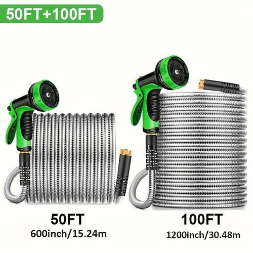 100ft 50ft 25ft heavy duty stainless steel garden hose with spout leakproof flexible and free 3 4 connector for yard care