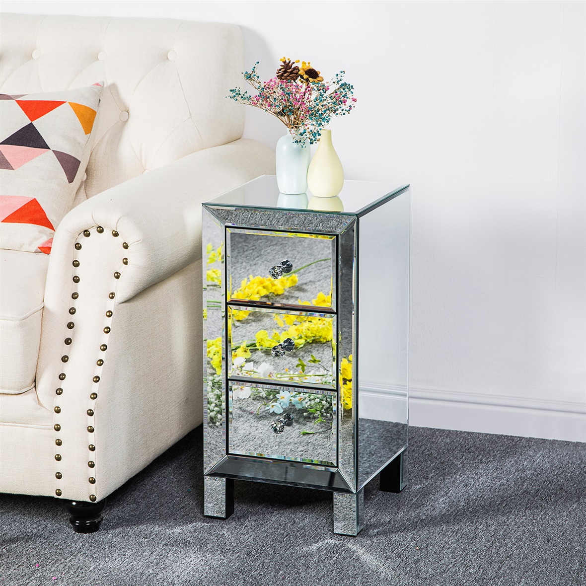 Image of Glass Bedside Table With 3 Drawers, Modern Nightstand With Storage For Bedroom, Living Room, Office, 30x30x60cm