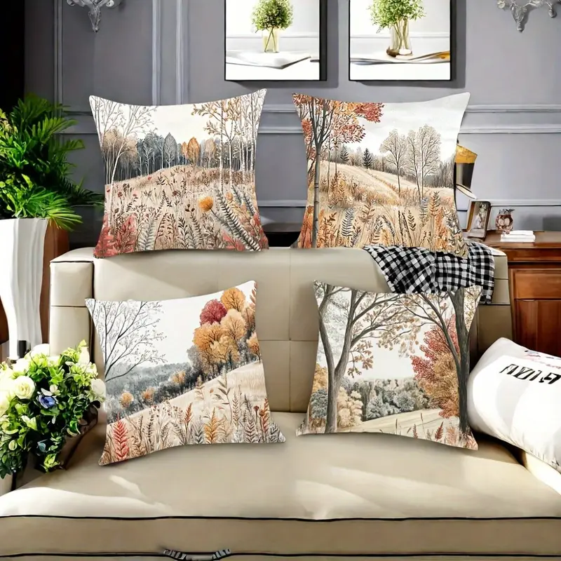 4pcs autumn jungle landscape printed pillow covers double sided polyester zipper covers with vibrant design machine washable for living room bedroom sofa decor pillows not included decorative pillows bedroom accessories natureinspired design durable fabric home decor seasonal home decor natureinspired texture decorative pillows Product details 0