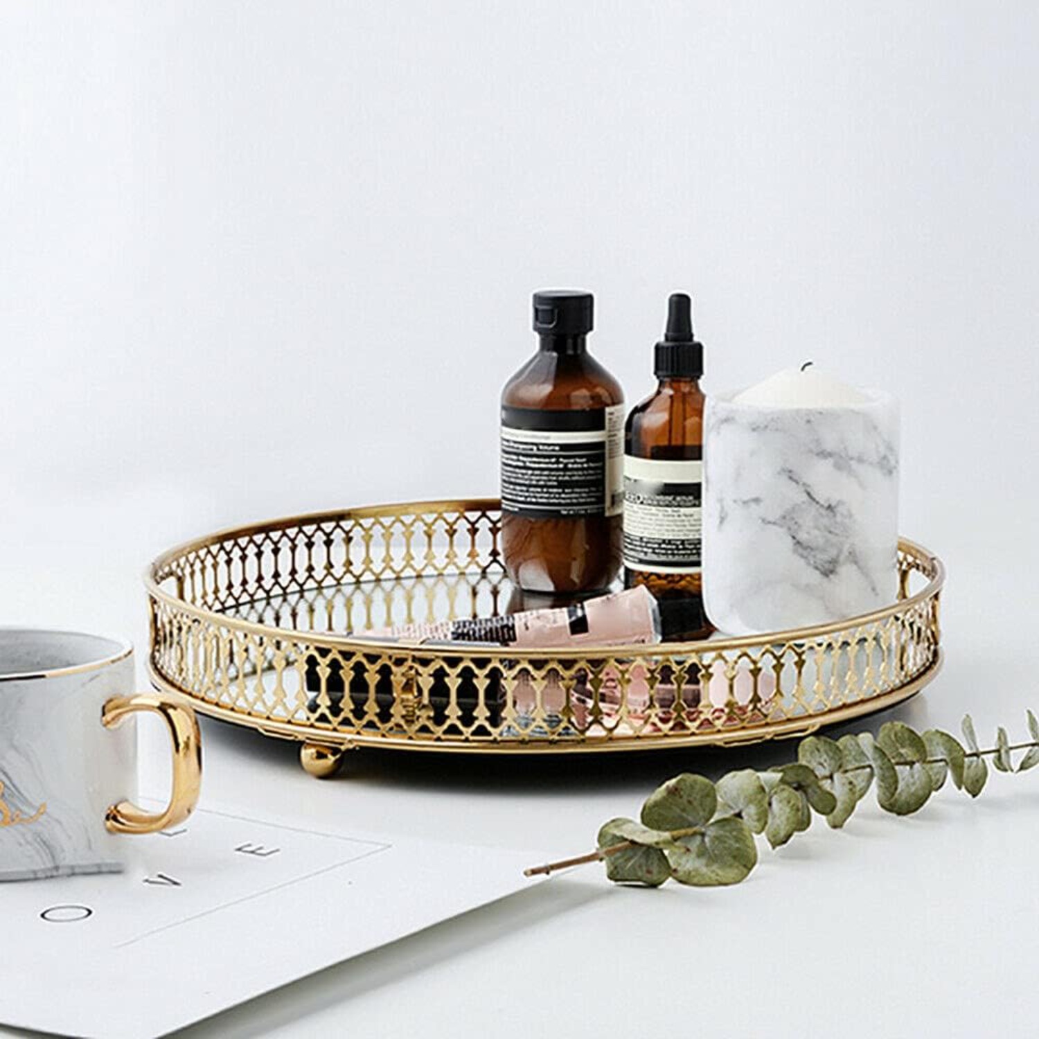 spiegelablage für damen, kosmetikablage mit spiegel, deko-tablett, schmuck-organizer, hochzeit/dekoration, golden, einzigartig (nicht für den kontakt mit lebensmitteln)
