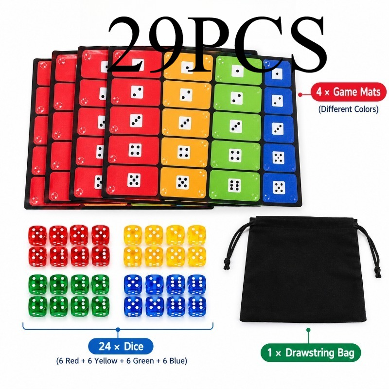 29pcs Colorful Dice Game Set with Dice Bag, Family Fun