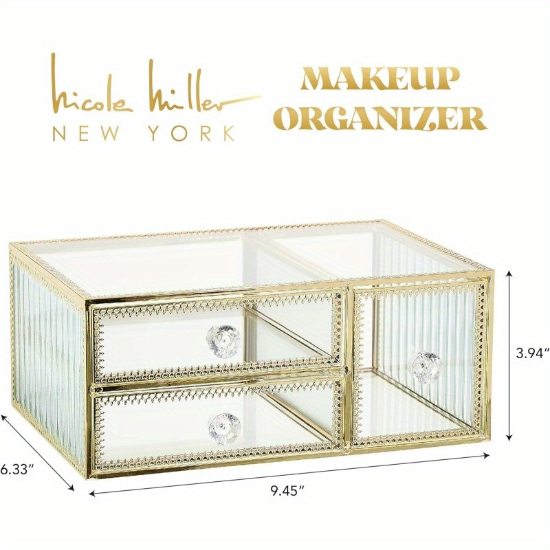 360 degree rotating makeup organizer with golden accents 3 drawer vanity storage no assembly needed elegant cosmetic organizer with   drawers for professional or home use perfect gift   enthusiasts   polished   organized lifestyle Product details 2