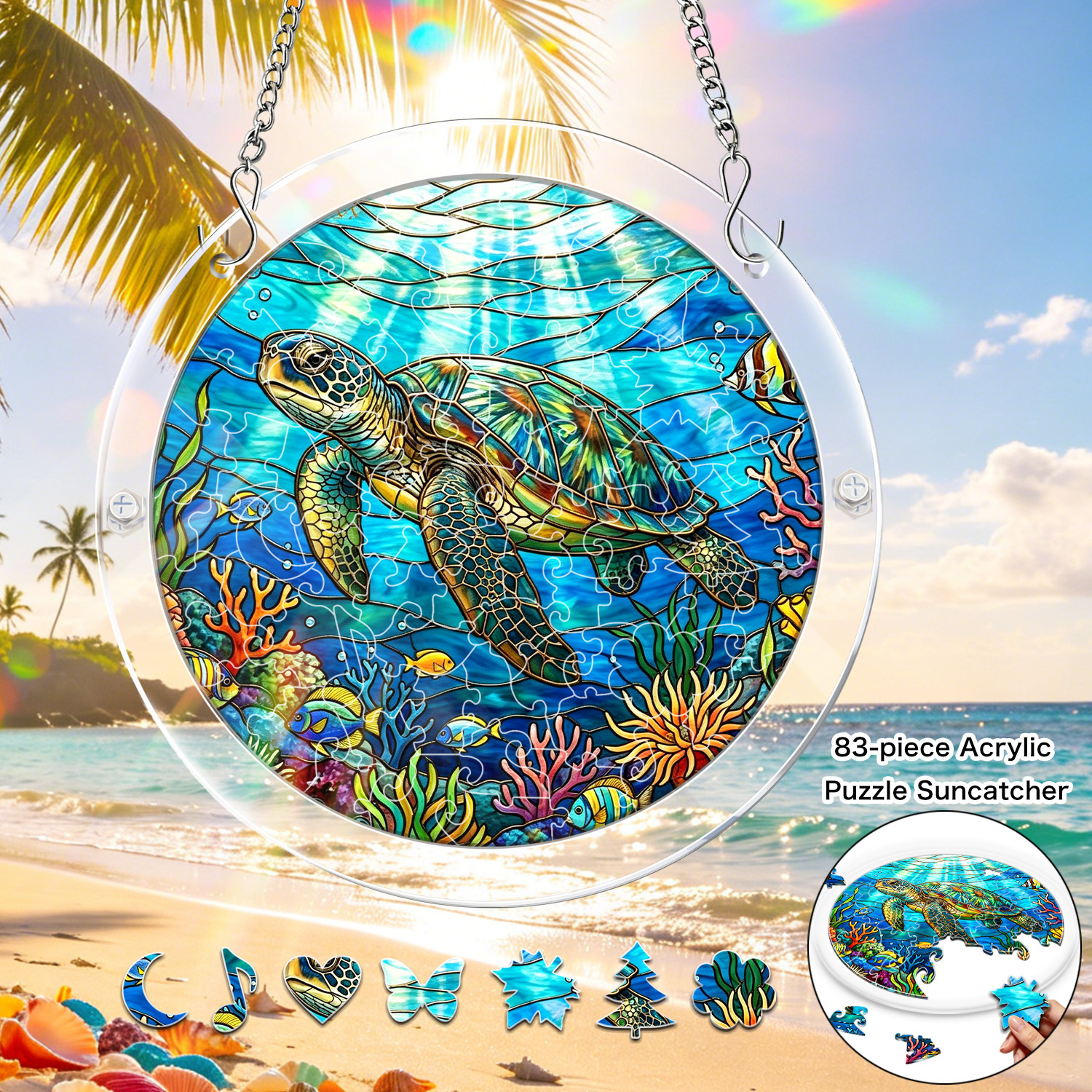 item picture 2d flat 1set colorful sea turtle acrylic puzzle suncatcher 83pcs 7 4 inch stained style sunset puzzle suncatcher window hanging ornament for beach balcony summer coastal sunlight catcher for home office farmhouse ocean coastal home decor