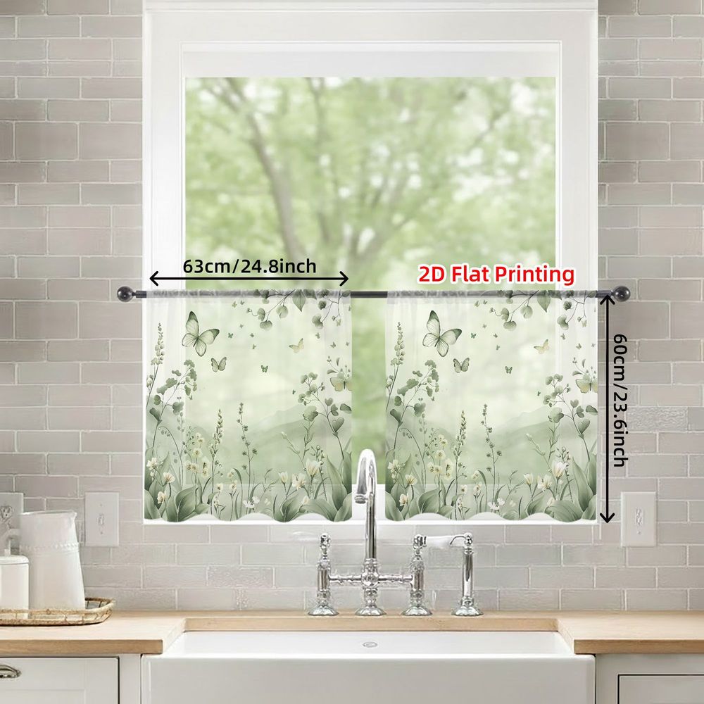 TEMU 2D Flach, 2 Stück Frühling Sommer Leichte Vorhänge, Grün Weiß Blumenmuster Leichte Vorhänge, Transparente Fenstervorhänge mit Schmetterlingen