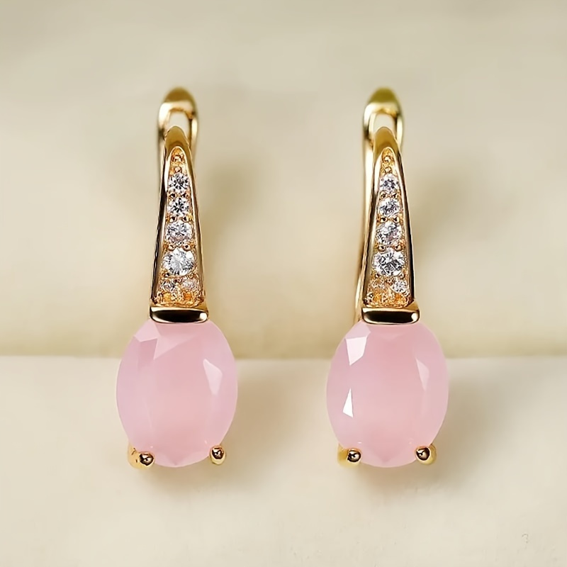 Pink Opal Earrings with Sparkling Accents 14K Golden Plated
