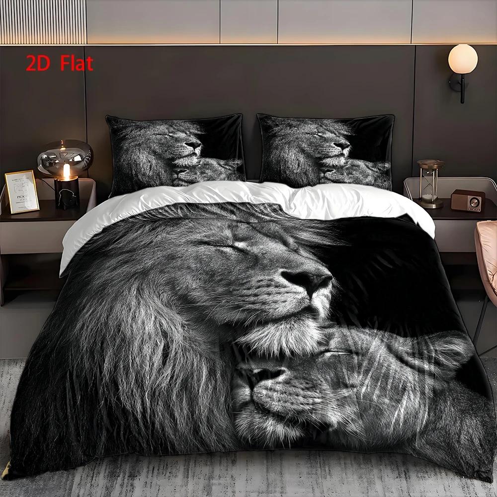 TEMU 3pcs Duvet Cover Set, 1 Duvet Cover   2 Pillowcases, No Filler, 2d Flat Printing, Lion And Black And White Theme, Realistic Style, Valentine's