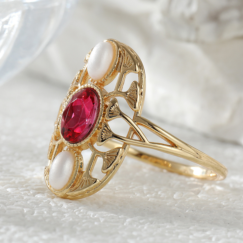Women's Vintage Red Synthetic Zirconia Hollow Ring, Handmade