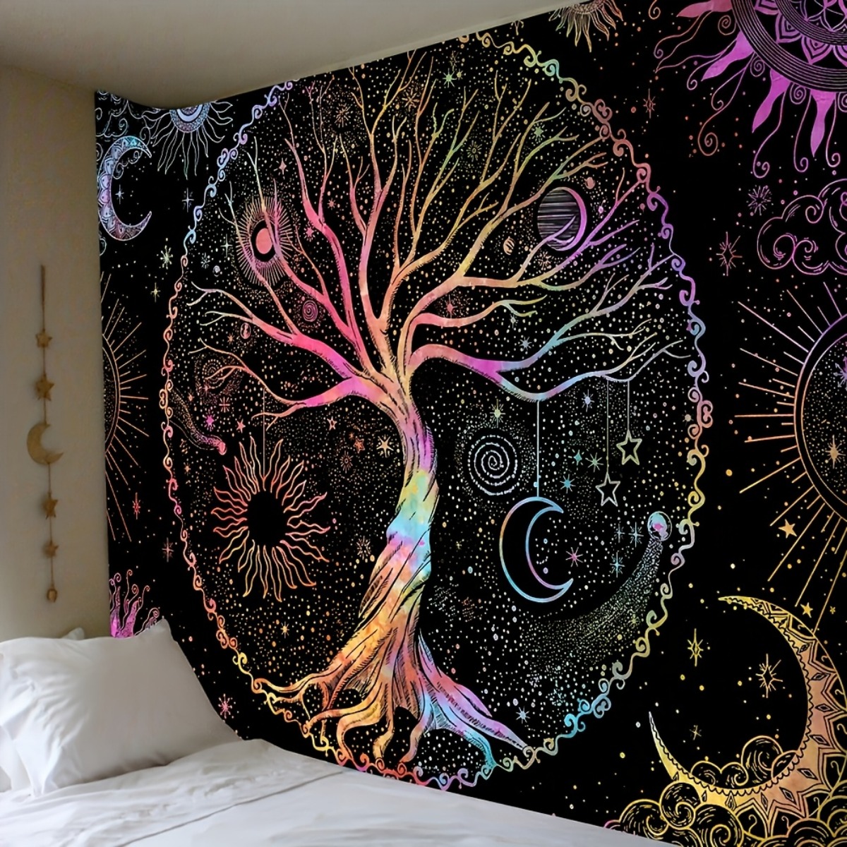 TEMU Local 1pc Oversized Tree Of Life Wall Decoration, Peach Light Beige Velvet Fabric, Sun Moon Background, Multi-functional Decoration, Universal