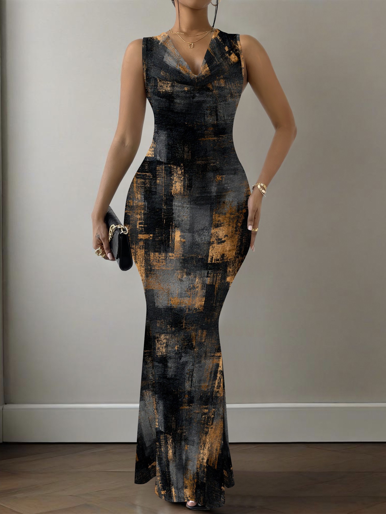 chinese dress ladies LIZZIE COWL NECK LACE UP WAIST TIE DETAIL MESH BODYCON MAXI DRESS main image 0