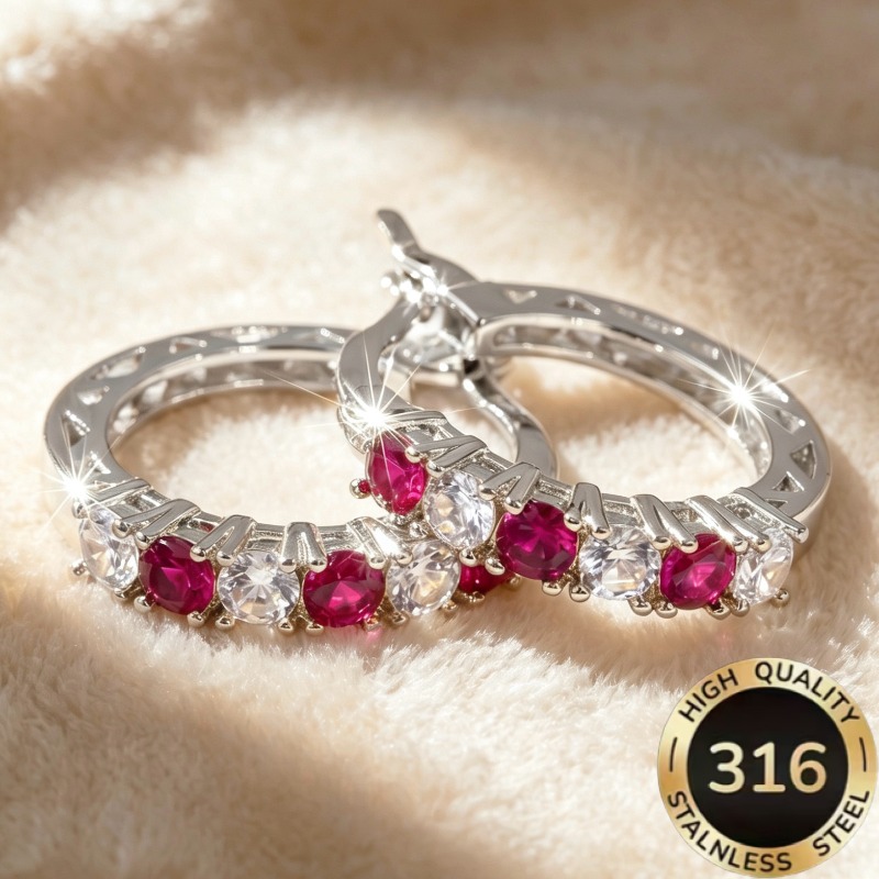 TEMU 1 Pair High-quality Steel Hypoallergenic Light Luxury Elegant 's Breath Multi-piece Rose Pink White Synthetic Zirconia With Hollow Women's
