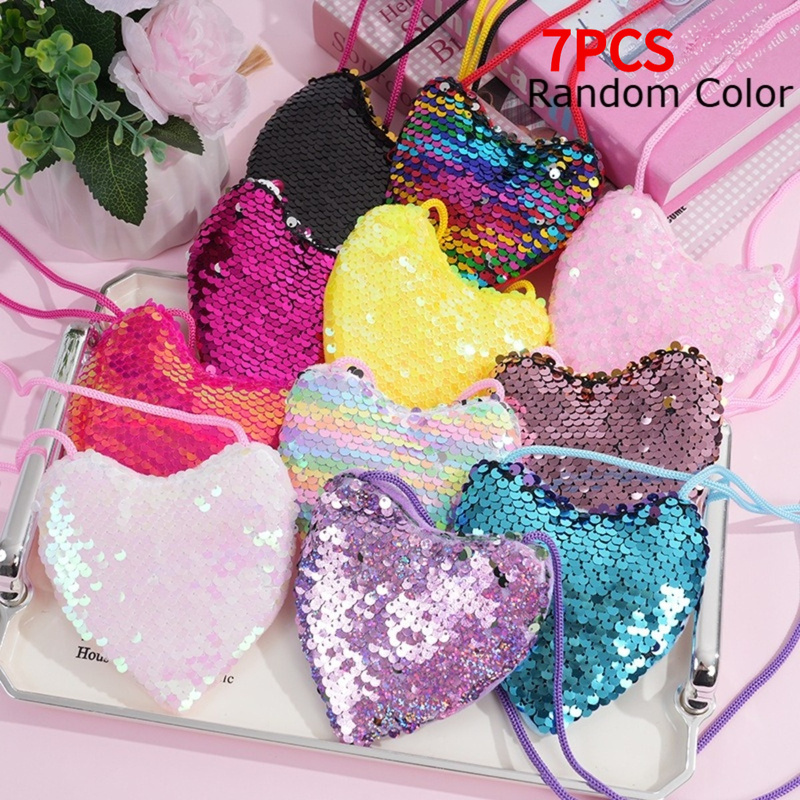 TEMU 7pcs Set Heart-shaped Sequin Crossbody Bags, Random Colors - Different Styles Day, Portable And Stylish Long Strap Wallets, Trendy Coin Purses