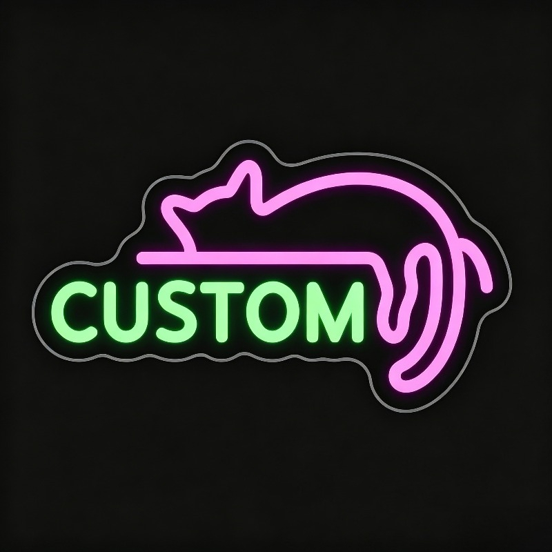 Custom Pink LED Neon Sign, Lazy Cat-Shaped, USB Powered