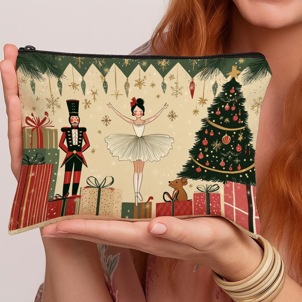 TEMU 1pc Christmas Nutcracker And Christmas Tree Makeup Bag – Lightweight Travel Organizer For Women With Zipper Closure, Portable Toiletry Bag For