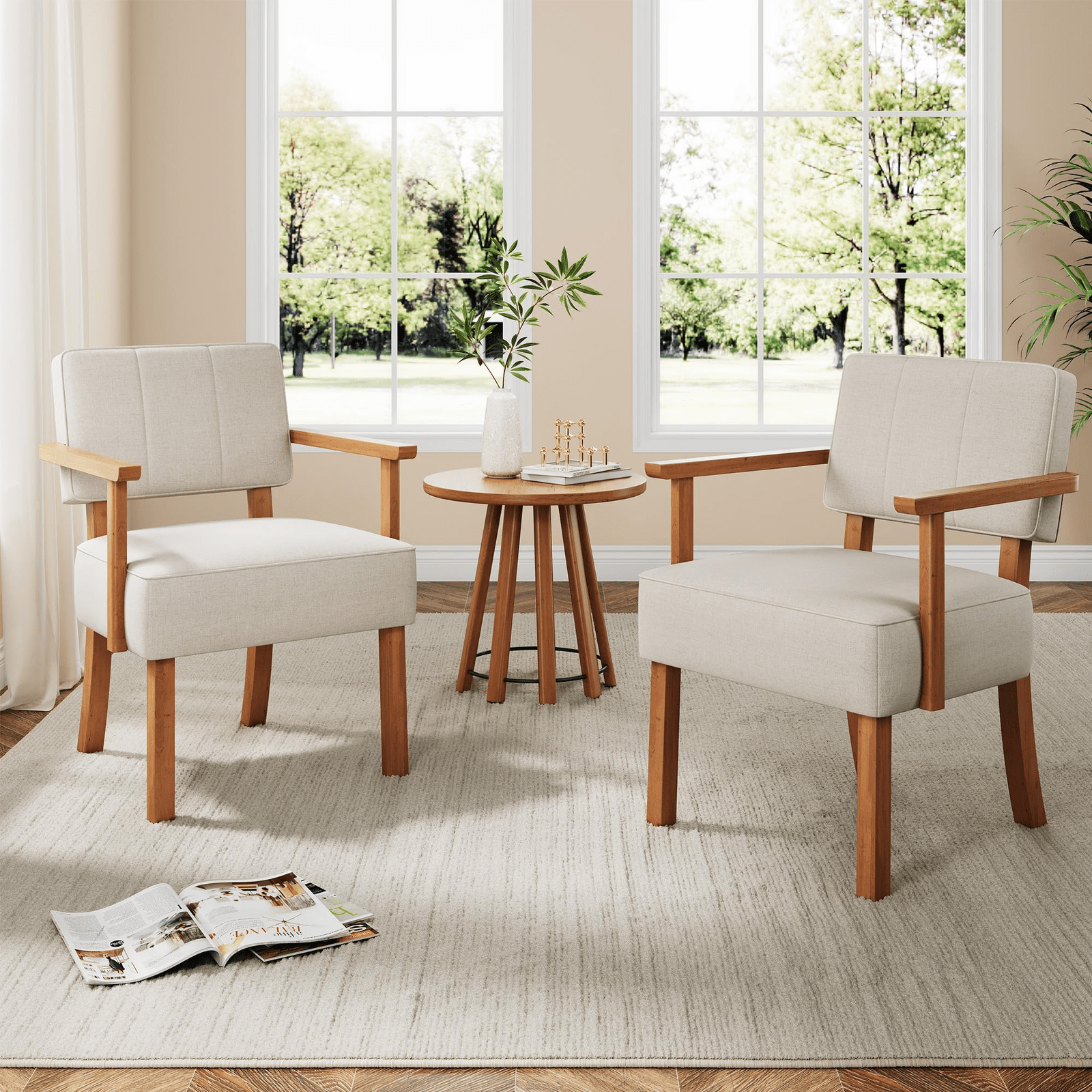 Patio Dining Set, Outdoor Chairs Set Garvee Mid-Century Accent Chair Set of 2 with Wood Frame, Linen Fabric Lounge Arm Chair with Classic Vertical Stripe Reading Leisure Chair for Living Room, Bedroom, Balcony, Beige