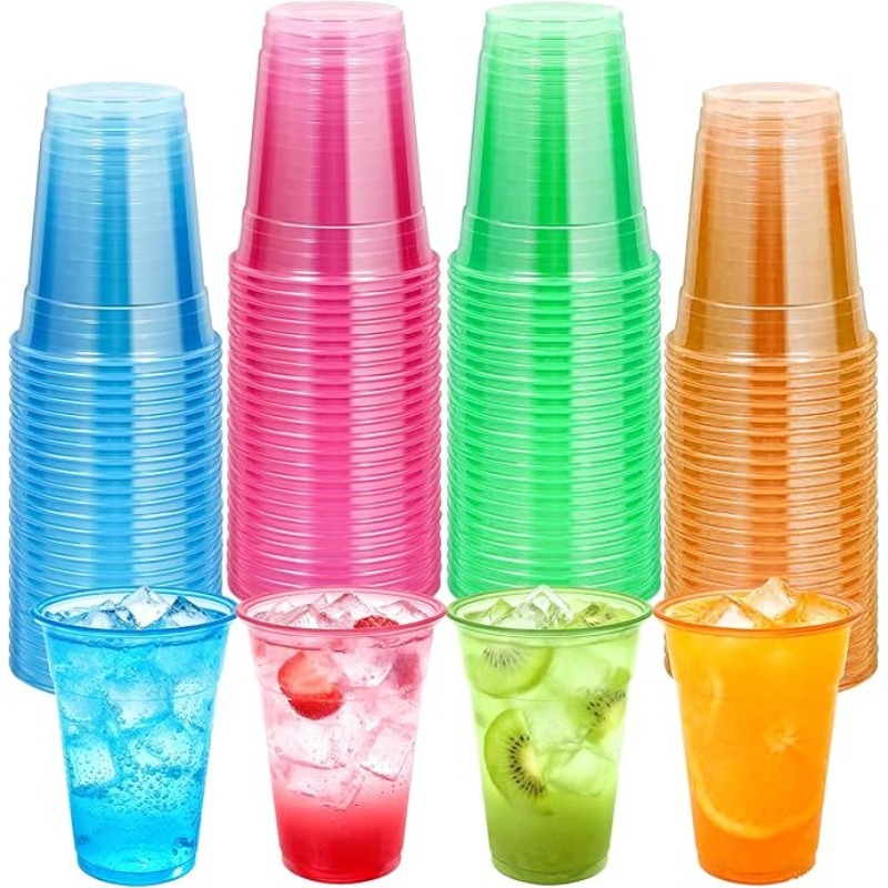 100pcs Plastic for Neon Cups, 12/16Oz Disposable Glowing Cups for Neon Party Decorations, Colorful Glow-In-The-Dark Suitable for Carnival Parties, Christmas, Thanksgiving, Halloween Holidays Halloween