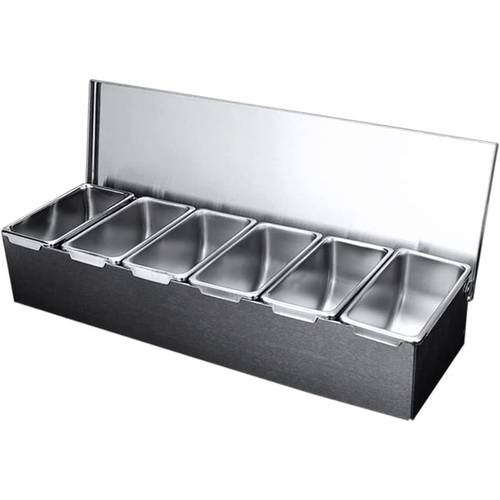 6 compartment trays stainless steel detachable topping station with lid pizza ingredients condiment dispenser reusable cooled condiment seasoning container