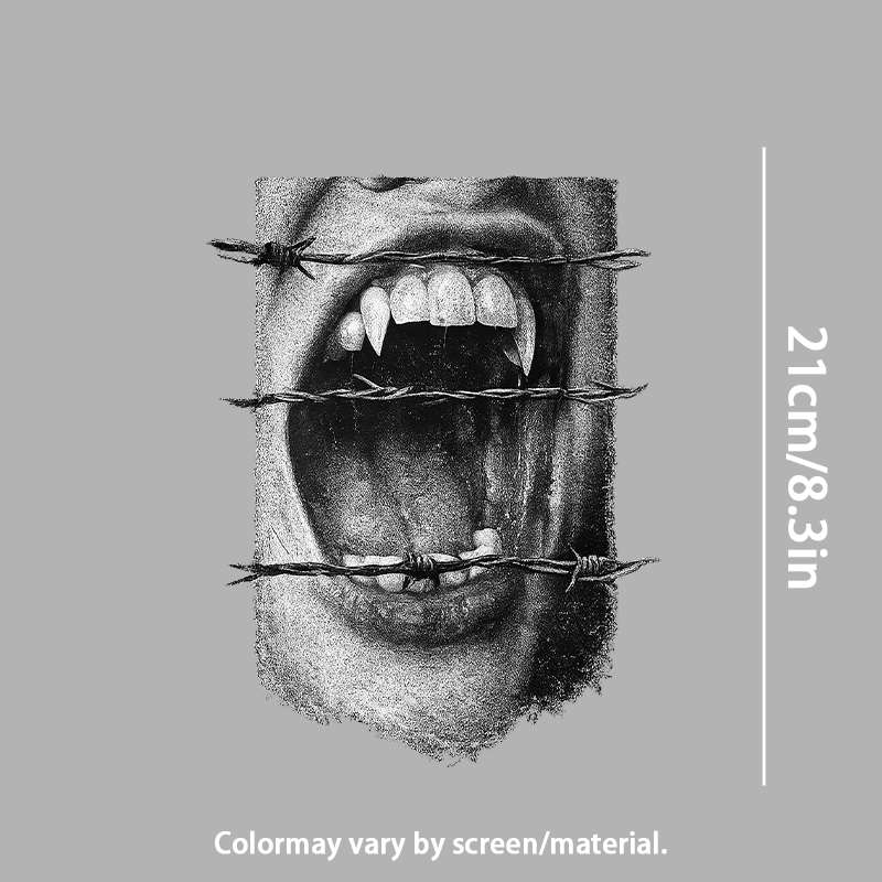TEMU [1/2/3pcs 2d Flat Dtf White Ink Transfer] Gothic Vampire Mouth With Barbed Wire Heat Transfer Sticker, Iron-on Transfer, Iron-on Patches,