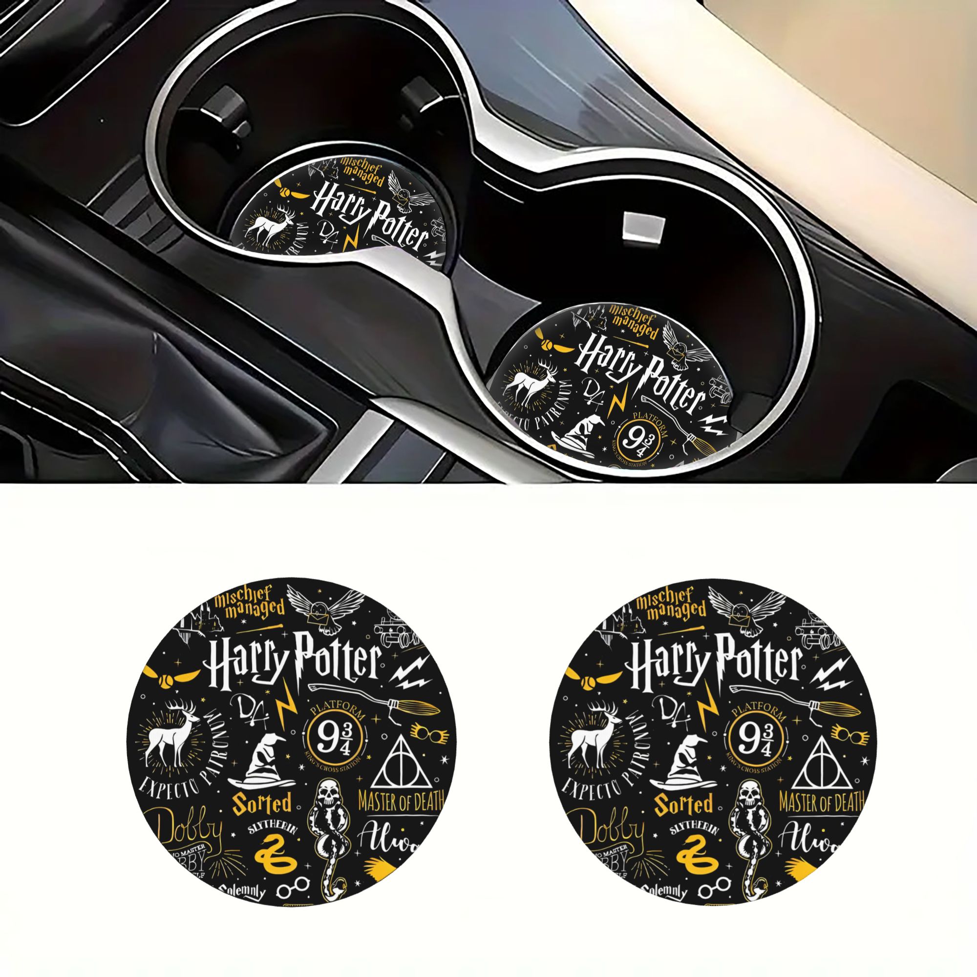 TEMU 2d 2pcs Harry Potter Patterned Car Cup Coasters, Round Decorative Auto Cup Coasters, Dual Use Cup Coasters, Drink Coasters