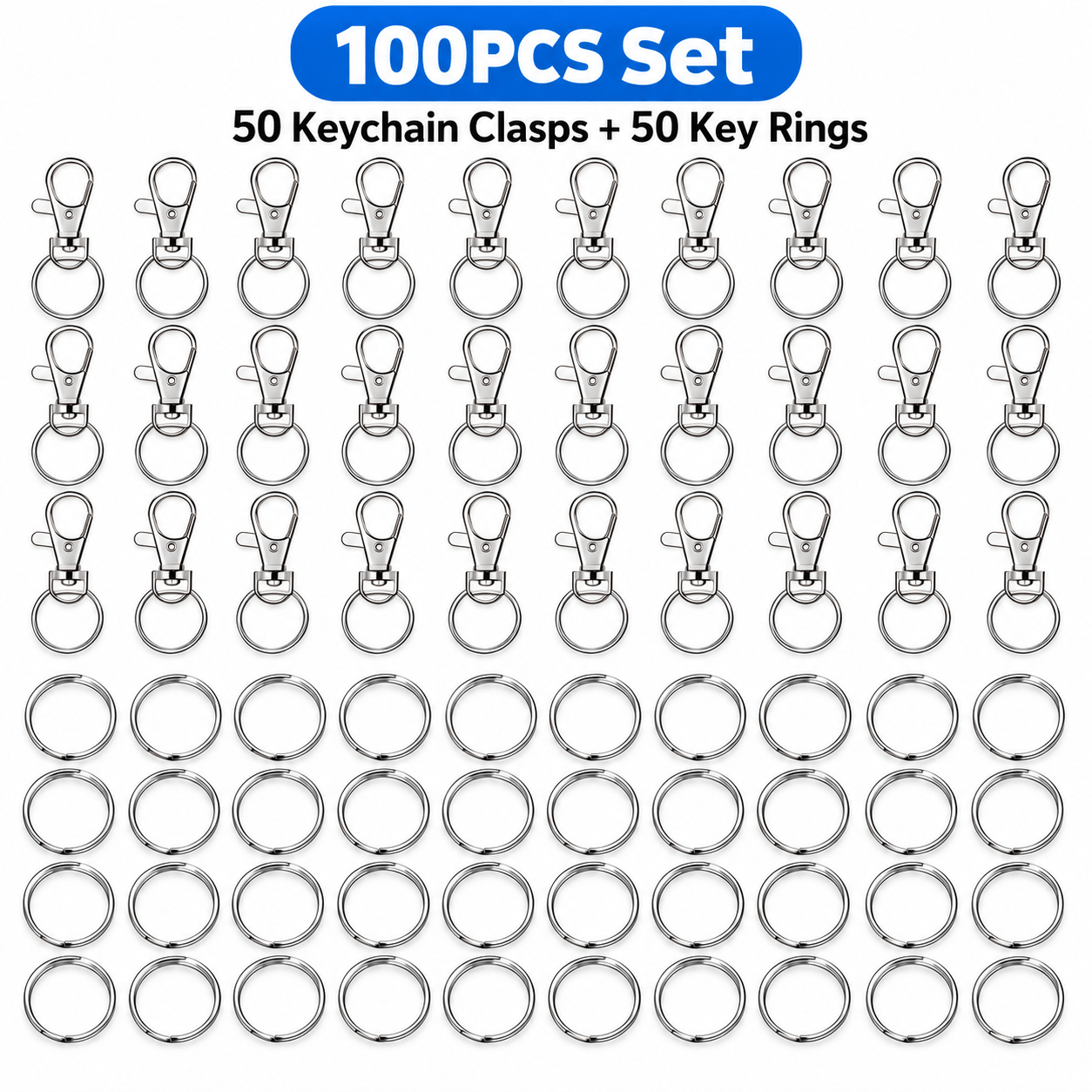 TEMU 50 Sets Keychain Hardware Set, 50 Silver Keychain Clasps + 50 Key Rings, Each Set Includes 1 Swivel Snap Hook + 1 Key Ring, For Keys, Bags,