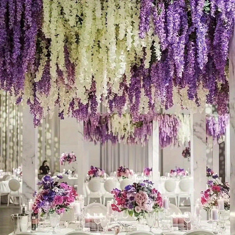 32pcs 96 bunches artificial wisteria hanging flowers deep purple 43 2in lifelike vine decor   weddings gardens diy decor ideal for spring christmas parties zero maintenance
