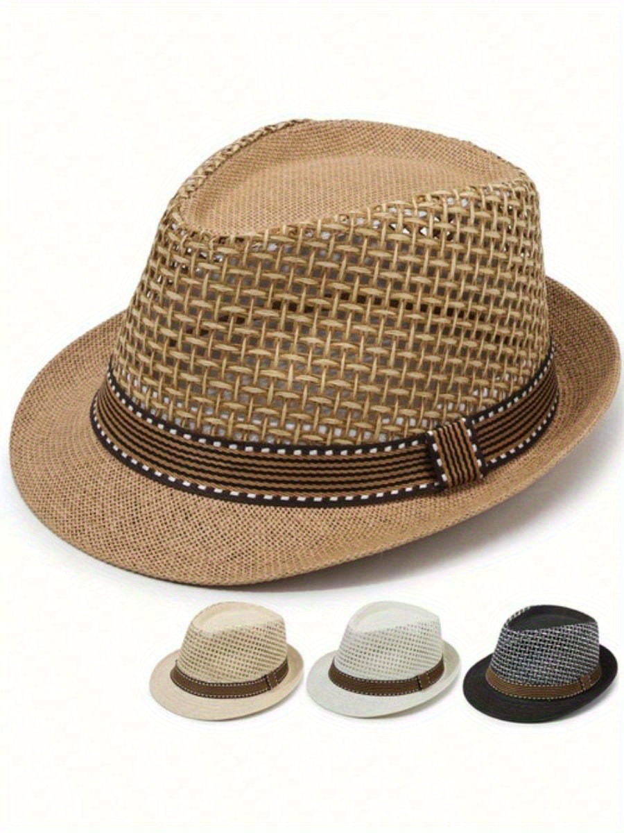 breathable sun cap trilby sun hat outdoor straw fedora hat men retro jazz hat details 1
