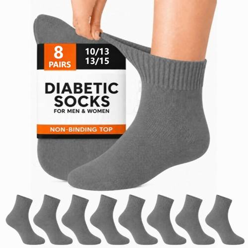 item picture socks suitable for men and women 8 pairs per pack sizes 9 11 10 13 13 15 breathable loose non restrictive extra wide white and gray moisture wicking socks