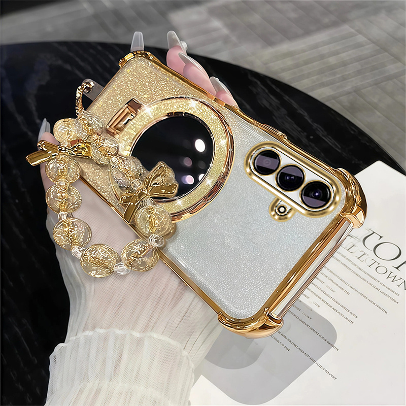 TEMU Phone Case: Case For A56 A16 5g A26 A36 Magnetic Folding Makeup Mirror Stand Holder Shock-resistant Gradient Glitter Shockproof Protection Soft
