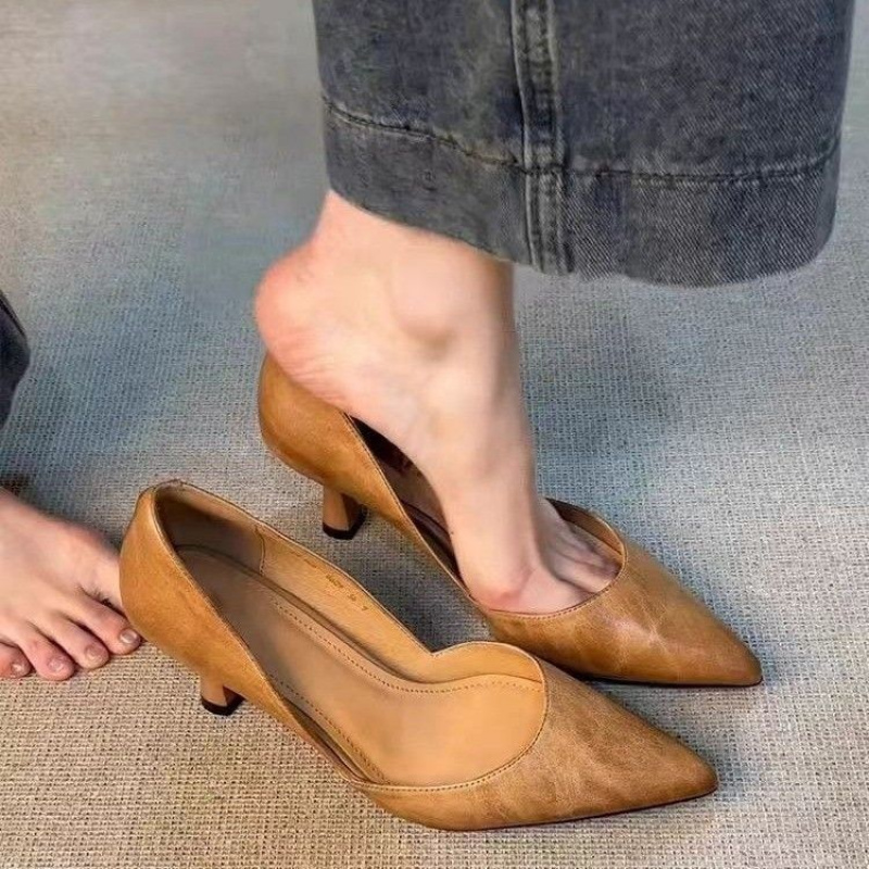 TEMU Women's Tan Pointed- Toe Kitten Heels- Stylish& Comfortable Dress Pumps, Women Shoes