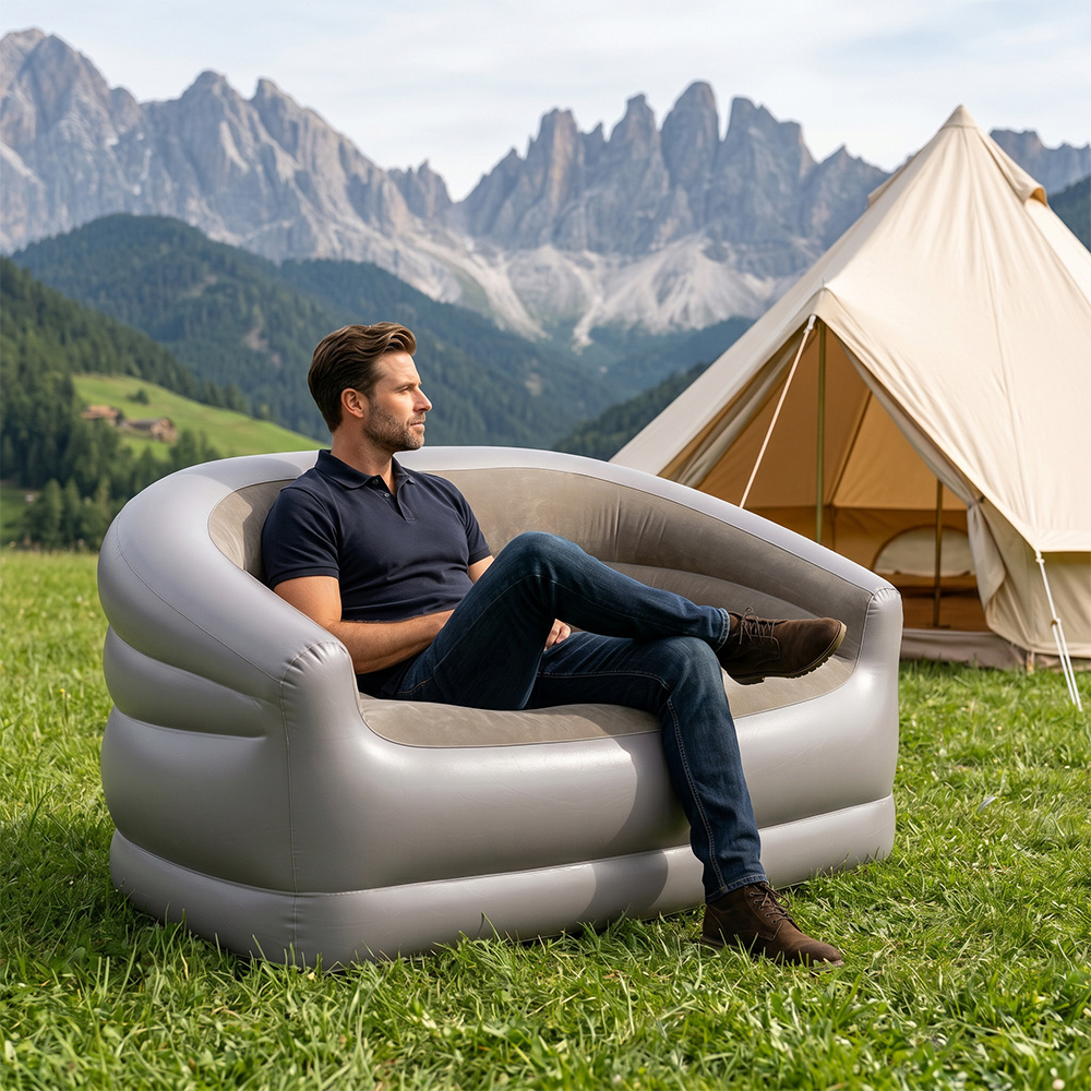 TEMU Durable 2-person Inflatable Sofa, Flocked Surface Sofa, Foldable Couch Lounger, Portable Sofa For Living Room Bedroom Camping Beach Courtyard
