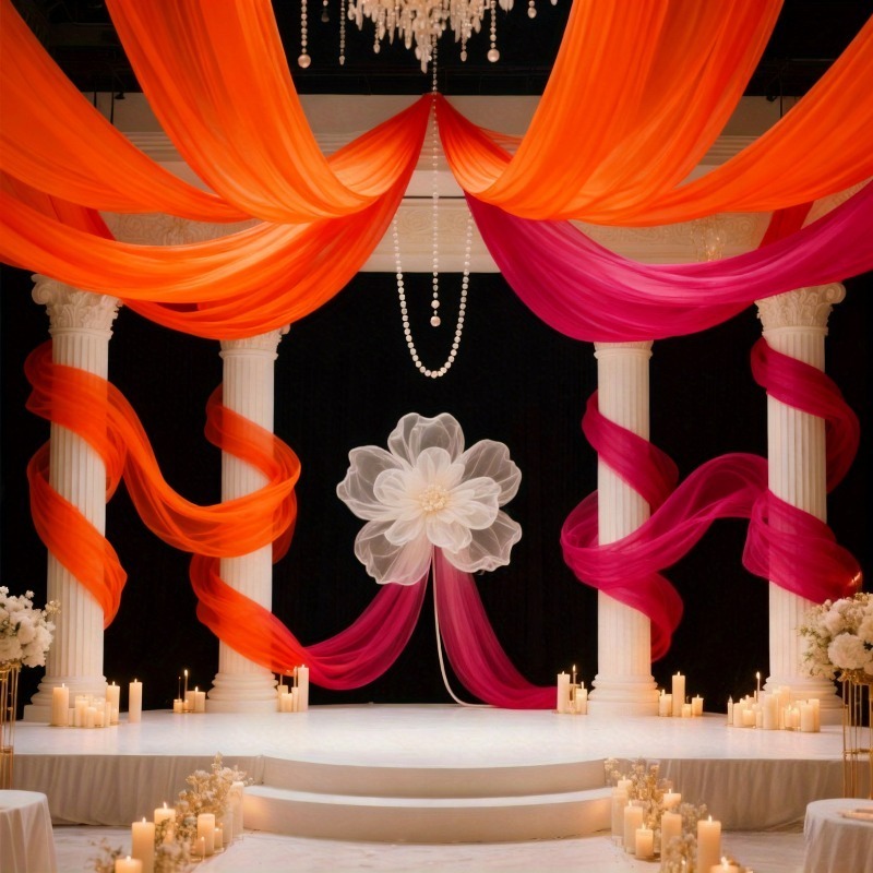 TEMU 2 Rouleaux, Tissu de Fond de Tente de Mariage Transparent Orange et Rose Élégant - Tissu d'Artisanat, Matériau de Rideau Premium, Convient pour