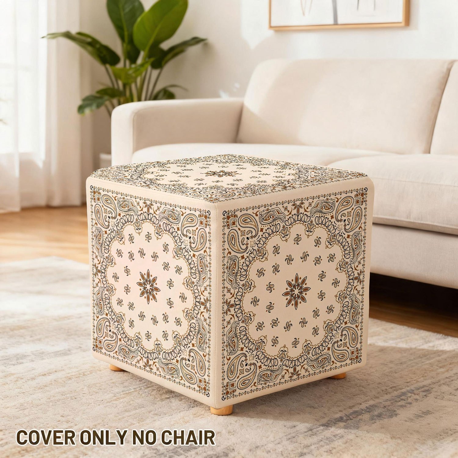 TEMU Bohemian Retro Style Cream-base Print Elastic Square Ottoman Cover, Multi-functional Furniture Protector, Suitable For Shoe Bench, Washable