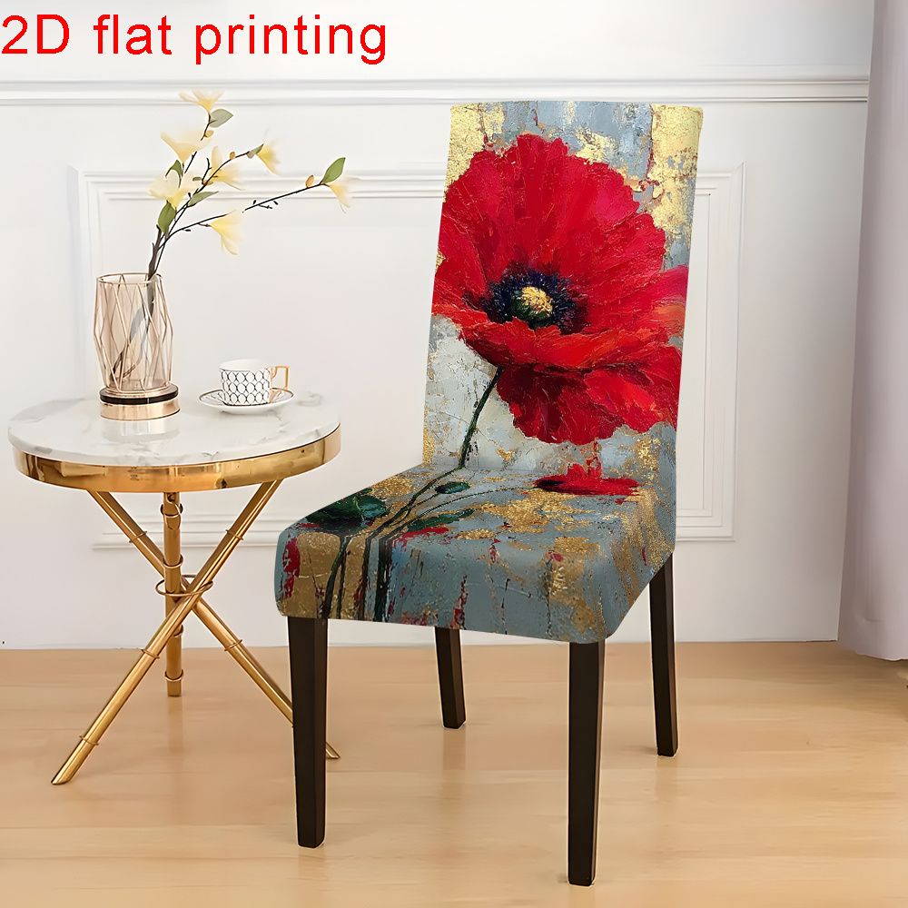 TEMU 2d Flat Print Valentine's Day Easter Spring Decorative Elastic Chair Cover With Golden Background Red Poppy Oil Painting Pattern, Fits Dining