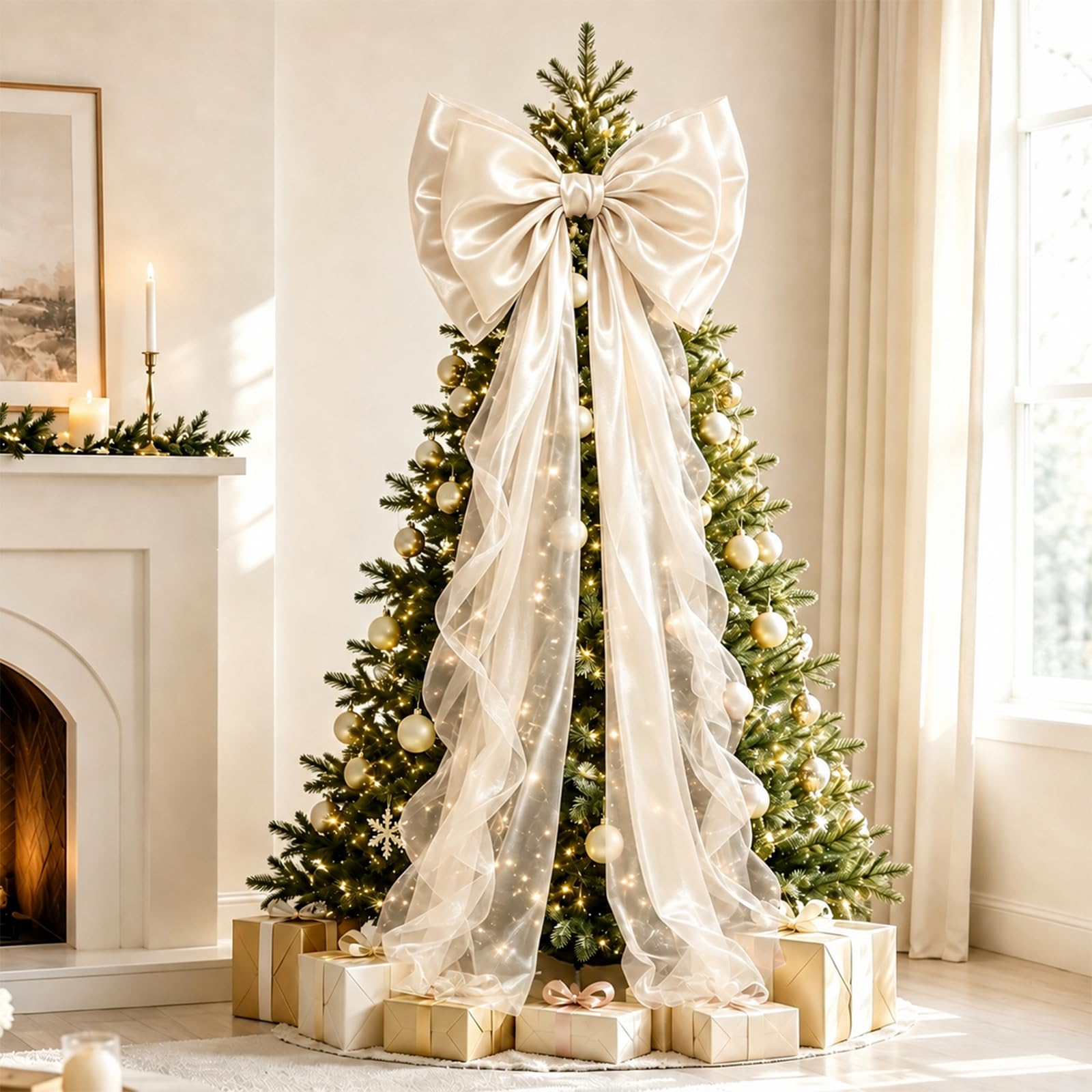 TEMU Large 20"x59" Pink Glitter Satin Bow Tree Topper Suitable For Christmas Tree Decorations - Elegant Plastic Bow With Glittering Branch Tip For