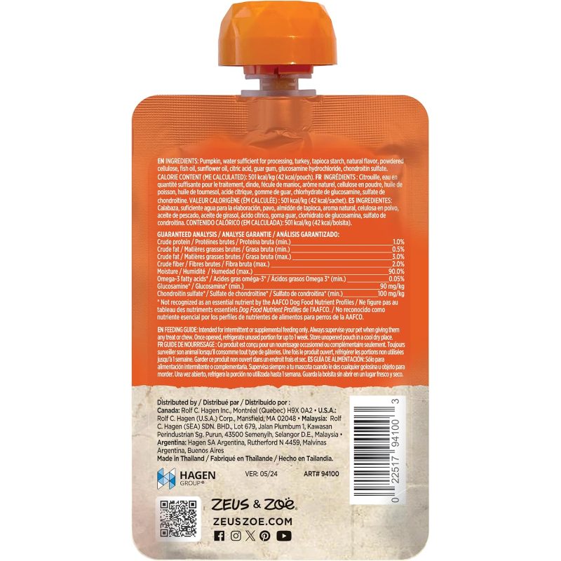 dog wet treats in resealable pouch, pumpkin and turkey flavor,  -3  ,   sensitive stomachs, 85g single serving Product details 2