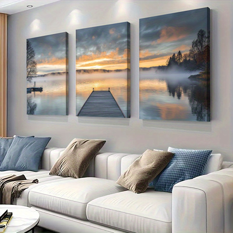 TEMU Set Of 3, Triptych Home Decoration Paintings, " Sunrise Pier On " Art Print Poster Painting Canvas, Suitable For Living Room, Bedroom, Home