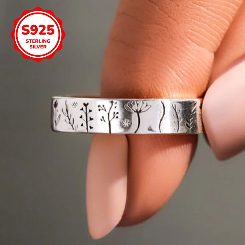 S925 Pure Silver Carved Flower & Tree Pattern Ring