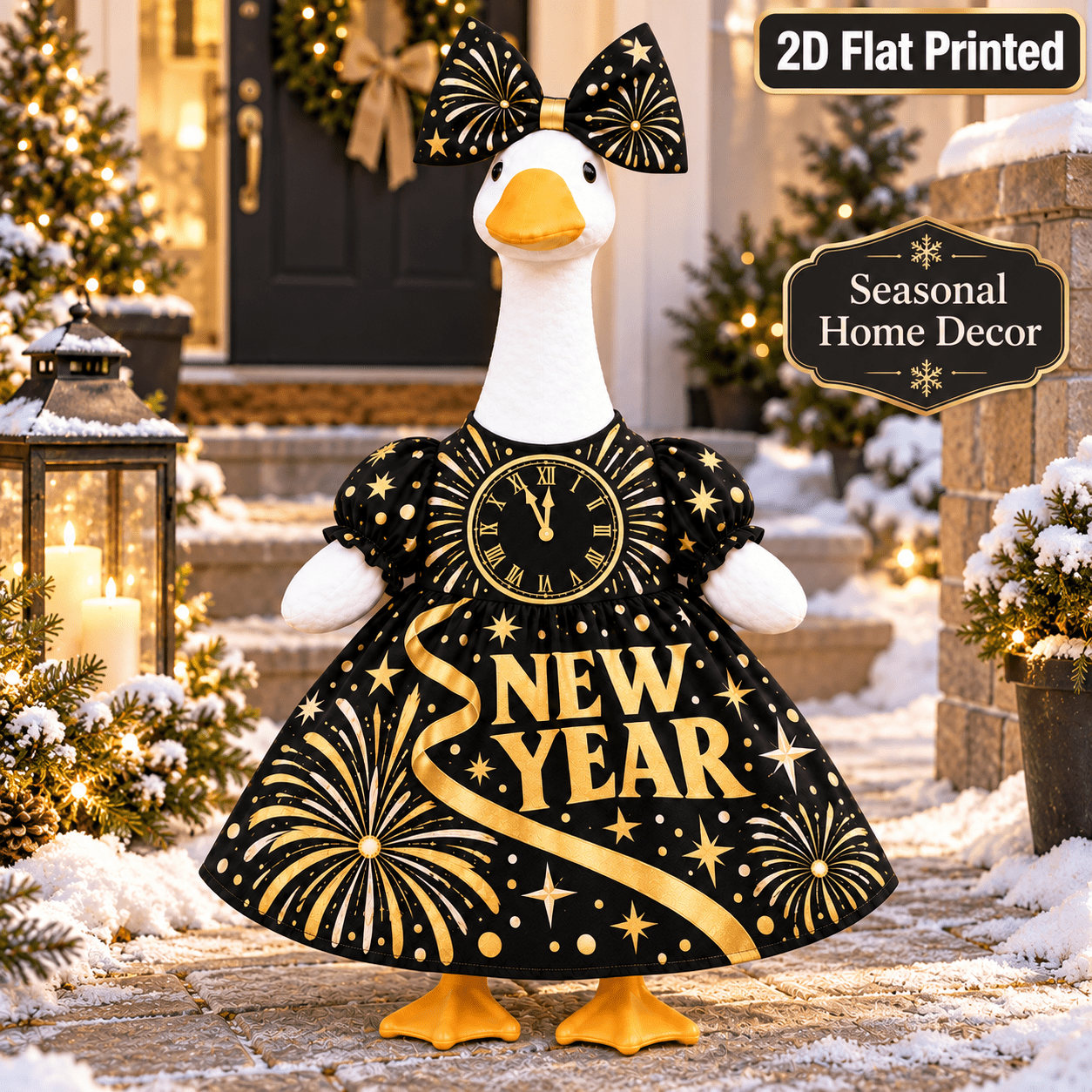 TEMU 2pcs 2d Printed Golden New Year Dress For 23-inch Porch Goose, Cute Happy New Year Garden Statue Clothing, Winter Seasonal Home Decor, Outdoor