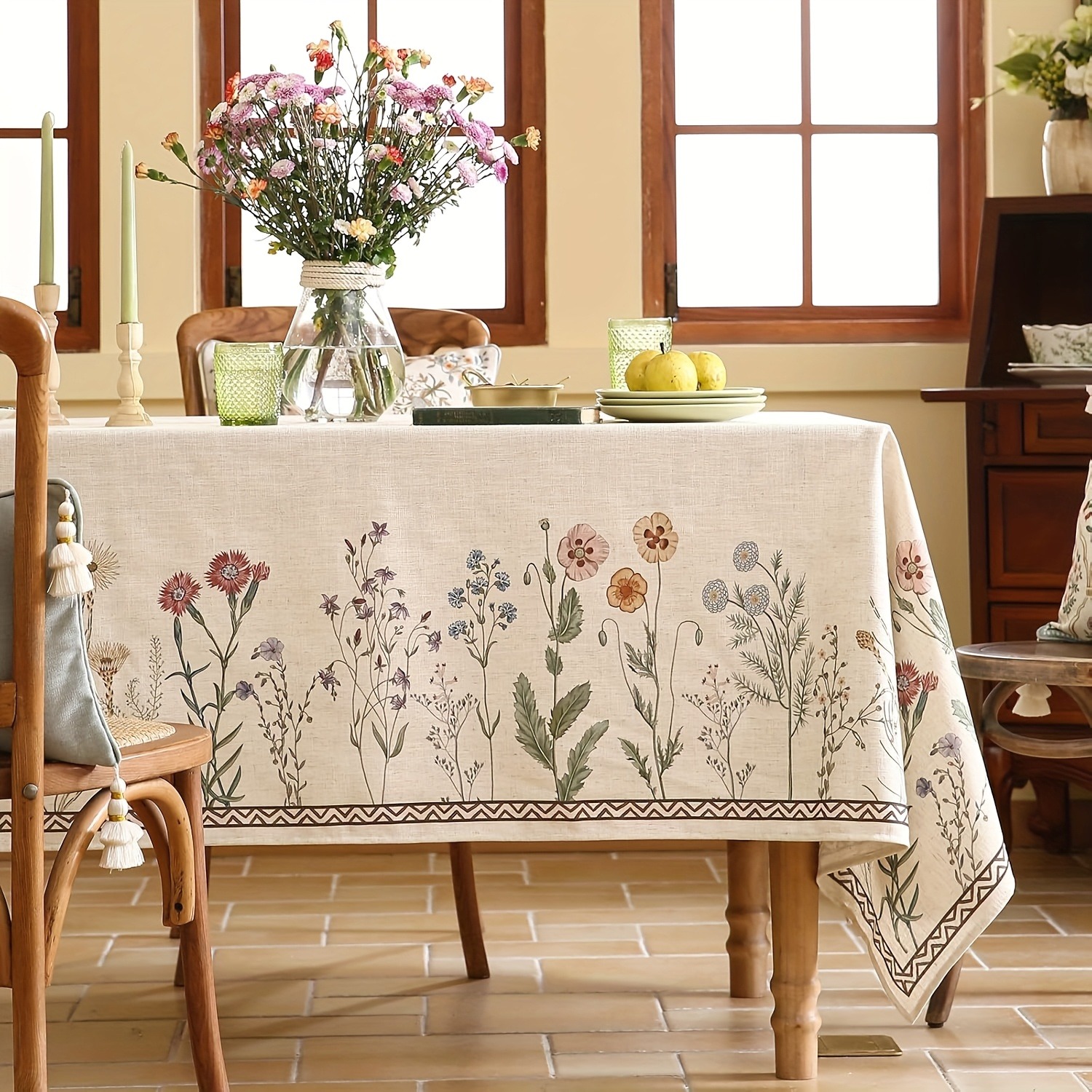 TEMU 1pc Floral Tablecloth, Suitable For Rectangular Dining Tables, With Colorful Floral Pattern, Thanksgiving Kitchen Decor, Party