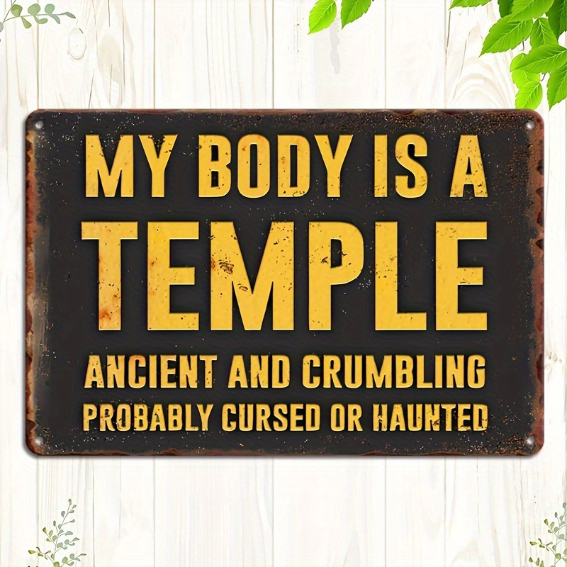 TEMU 1pc Vintage Metal Wall Sign " Is An Old Temple" Funny Satirical Plaque - Rustic Iron Retro Decor Suitable For Indoor/outdoor, For Man Cave,