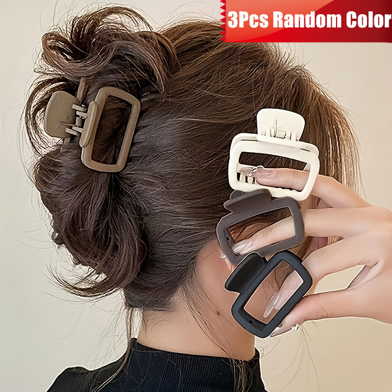 TEMU 3pcs Random Color, Matte Square Hollow Hair Claw Clip- Multi-functional Fashionable Shark Clips For Women, Suitable For Ponytails And High Bun