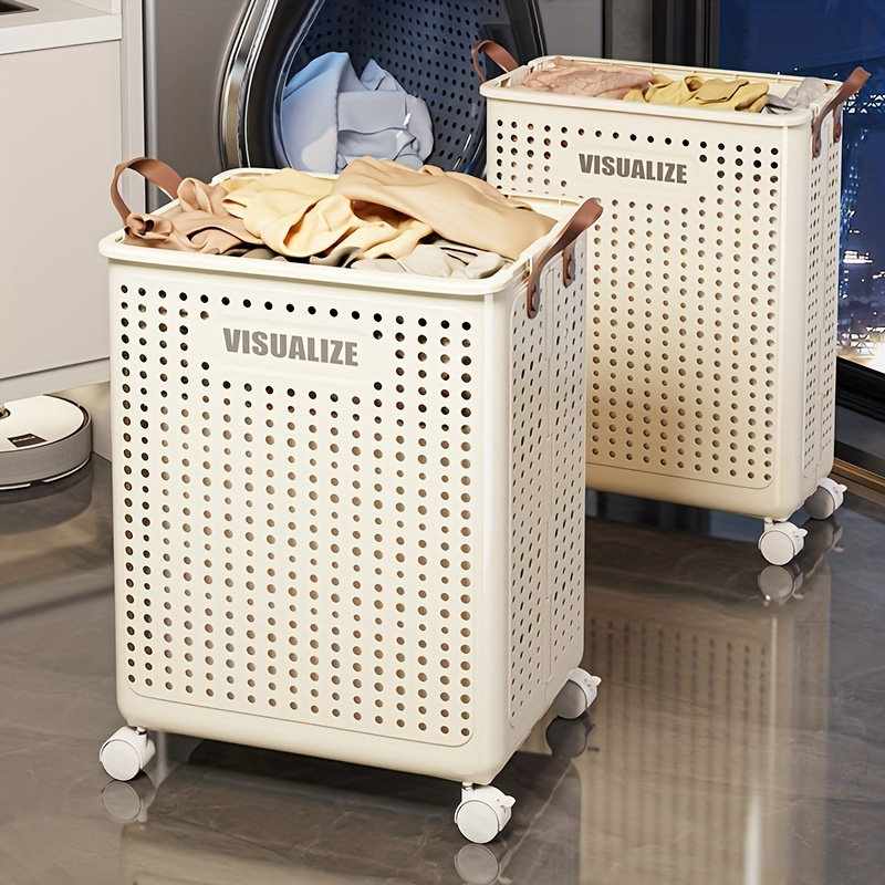 foldable laundry basket with wheels handles durable plastic multi functional portable storage solution for clothes snacks bathroom essentials white with ventilation holes baskets bins containers for   details 3