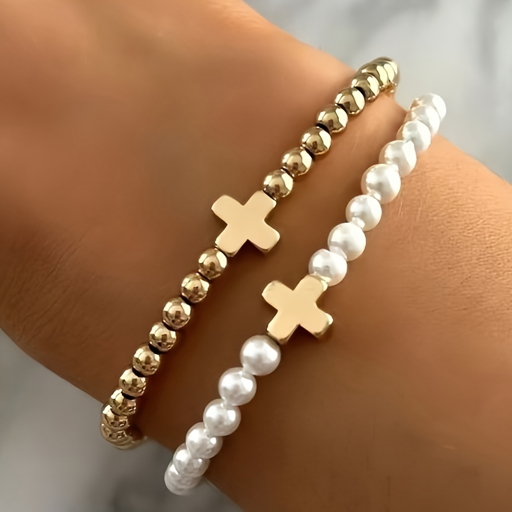 2pcs/set Women's Fashion Bracelets Easy Style Stackable Beaded Women's Bracelets Cross Religious Style Suitable For Daily Wear New Year Gift