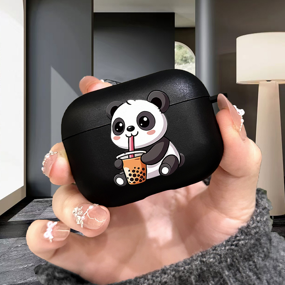 TEMU Stylish Protective Case Suitable For For Airpods 4, 3, Pro3, , And Pro Featuring A Cute Milk Tea Panda Design. This Black Tpu Case Is