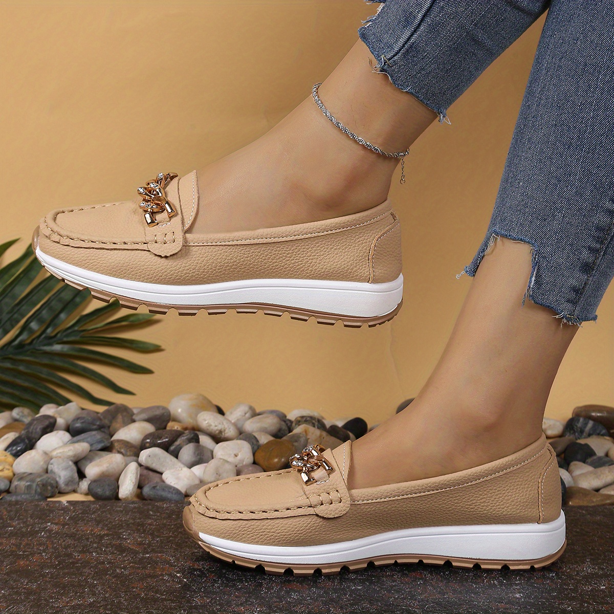 womens casual slip loafers beige synthetic rubber sole  display picture 3