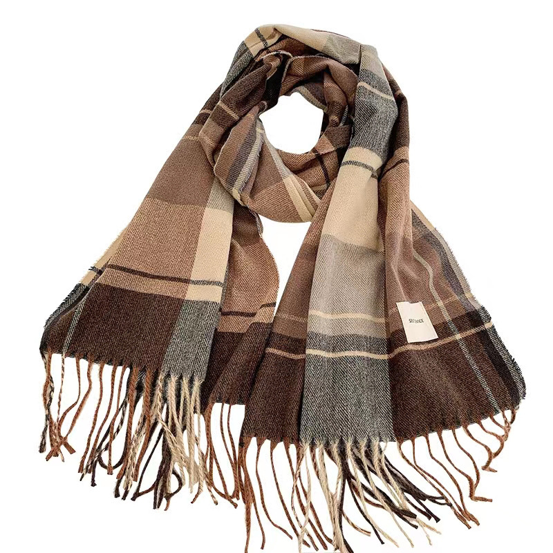 TEMU Women's & Unisex Thickened Shawl Scarf - Plaid With Khaki Tassel Trim, Warm Winter Neck Warmer Suitable For Casual Outdoors, Machine Washable
