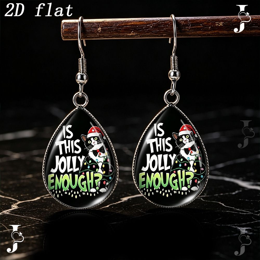 Teardrop-Shaped Glass Dangle Earrings with Christmas Cat Pattern