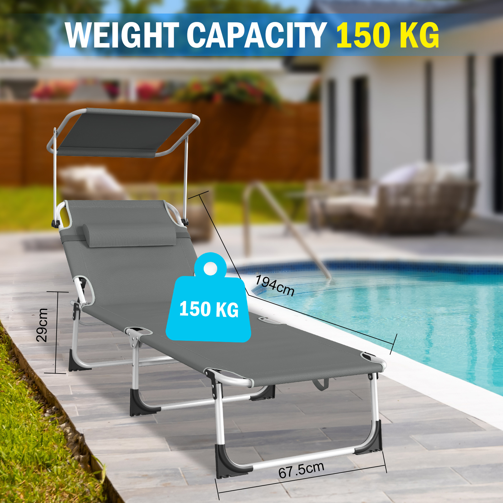 Aweioo Sun Lounger With Top, Garden Lounger With Headrest And Handle, Side Pockets, Extra Wide Reclining Surface, Adjustable Backrest And Sun Protection, Foldable Beach Sun Lounger