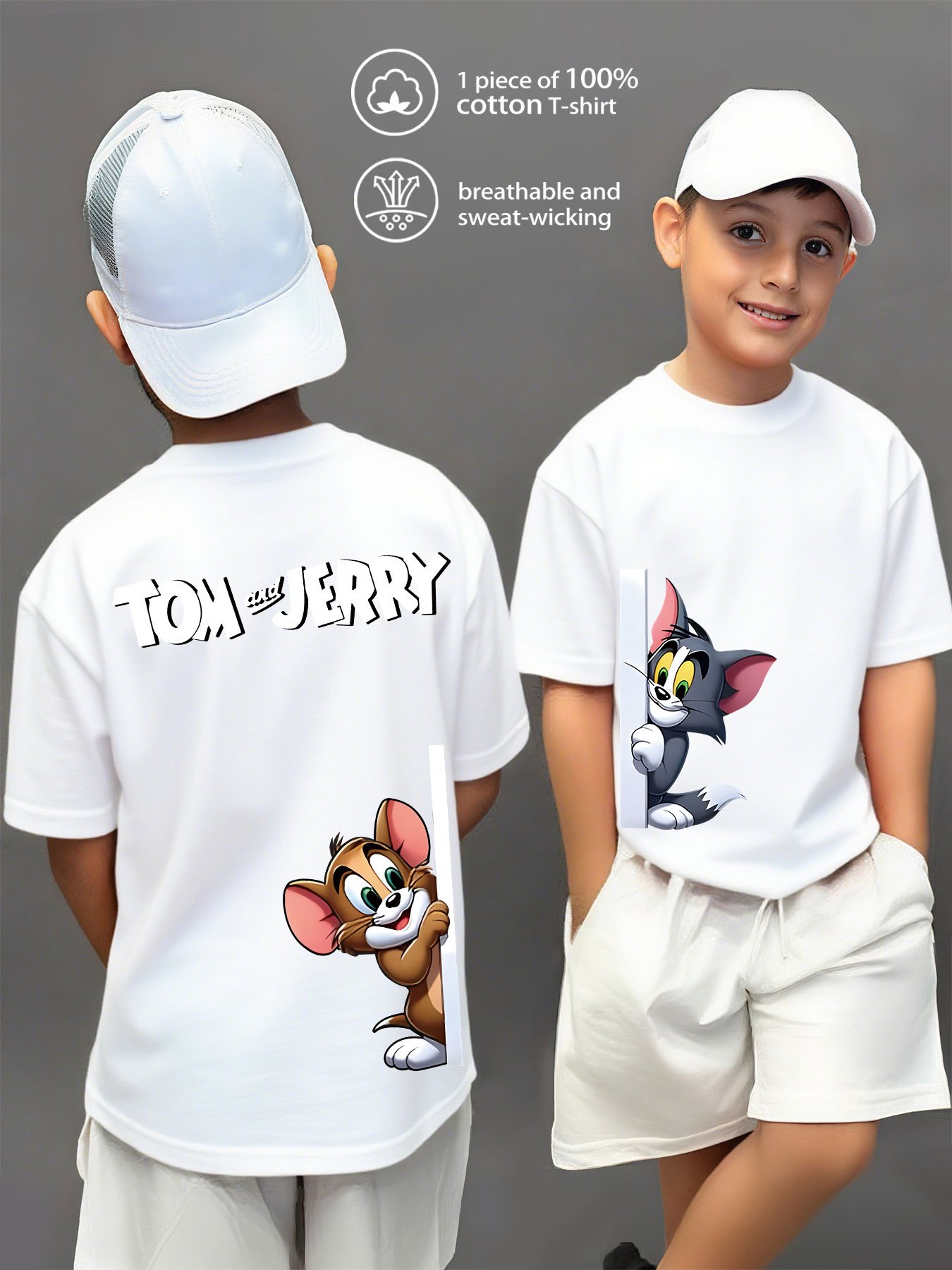 100% Pure Knitted Short-Sleeve T-Shirt, Breathable And Sweat-Absorbing, a Casual And Versatile Round-Neck Short-Sleeve Top for Boys, Featuring a Cute TOM And JERRY Cartoon Print, Machine Washable - Available in 10 Options, Sweat-Resistant